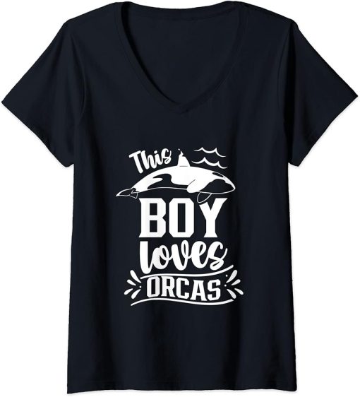 Womens This Boy Loves Orcas Sea Orca Whale Protect V-Neck T-Shirt