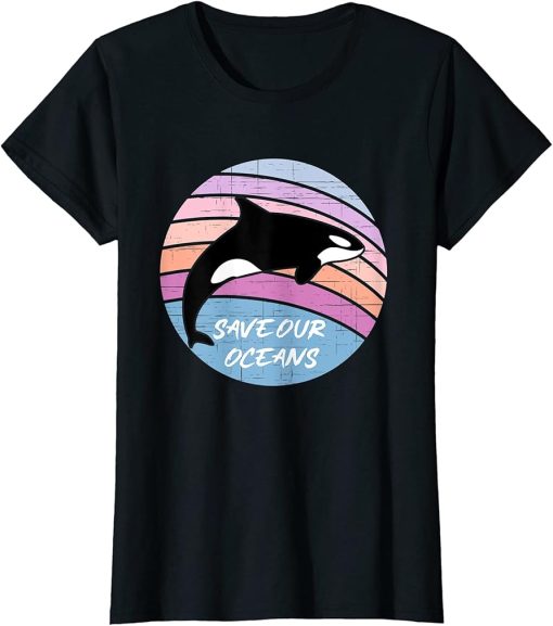 Womens Save Our Oceans Orca Killer Whale Art Retro Style Climate T-Shirt