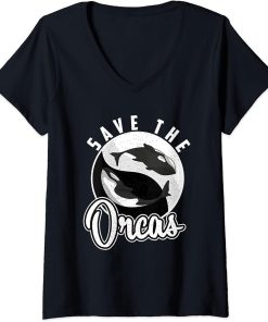 Womens Whale Whales Mammals Sea Ocean Marine Life Save The Orcas V-Neck T-Shirt