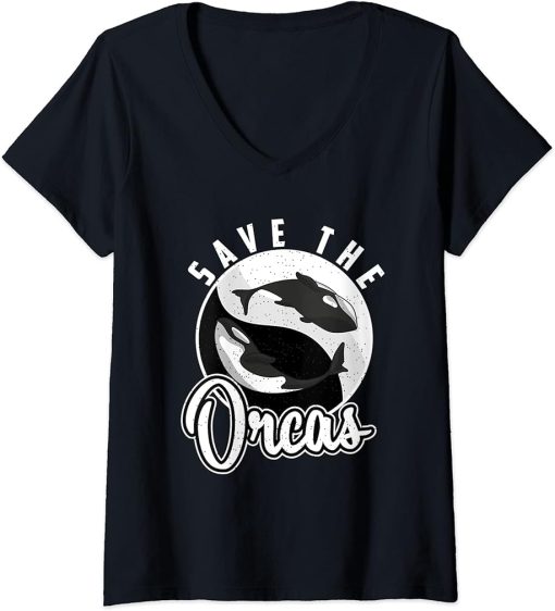 Womens Whale Whales Mammals Sea Ocean Marine Life Save The Orcas V-Neck T-Shirt