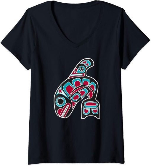 Womens Orca Whale Alaska Haida Tribal Art - Native American Totem V-Neck T-Shirt